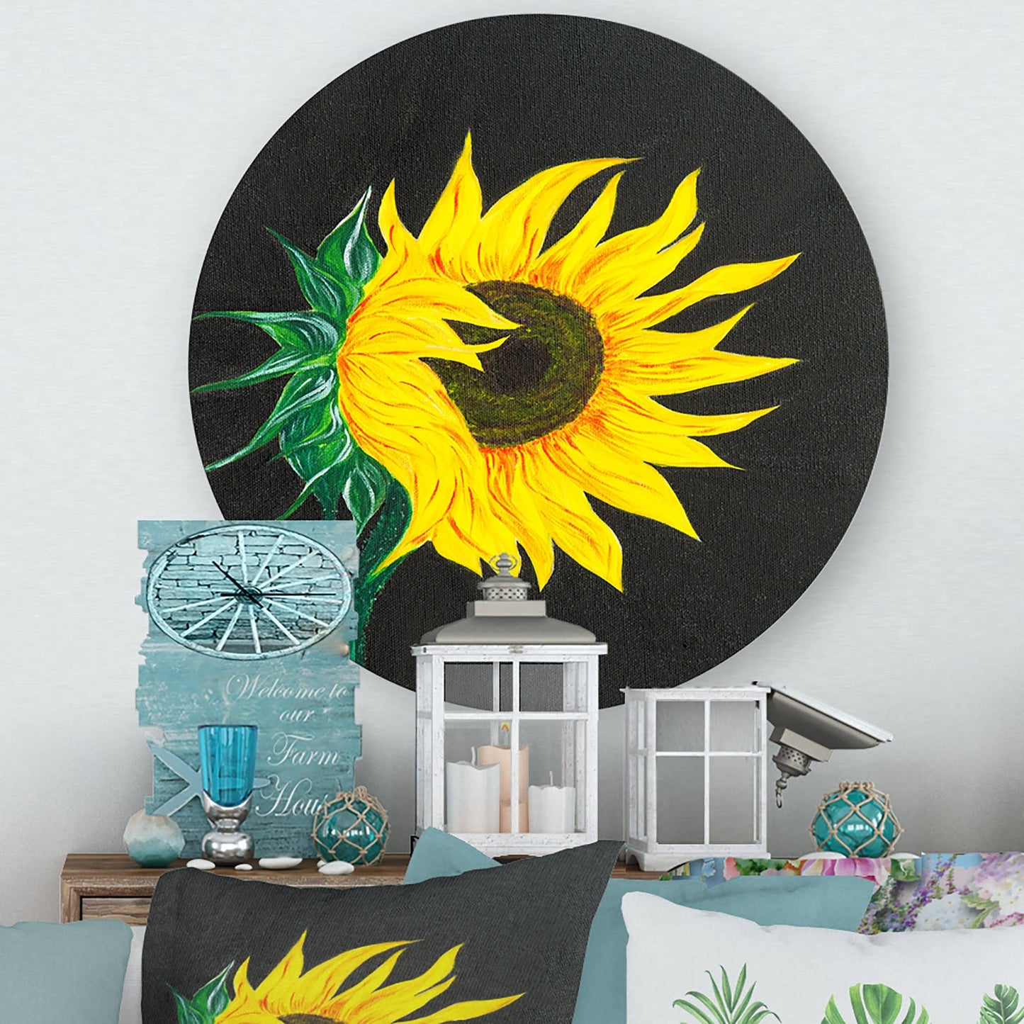 Designart Sunflower on Black Traditional Metal Circle Wall Art - 23x23 - Disc of 23 inch YDO6_Z6RNW97