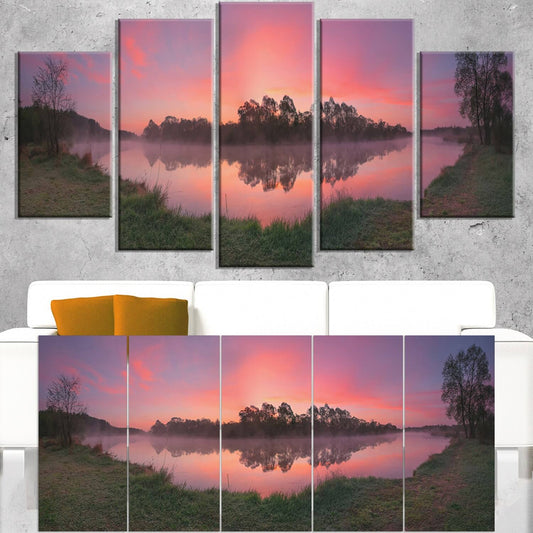 Design Art Purple Tinged Lake Sunrise View - Landscape Artwork Canvas, 60 in. Wide x 28 in. High - 5 Equal Panels JAN6_L1KAD69