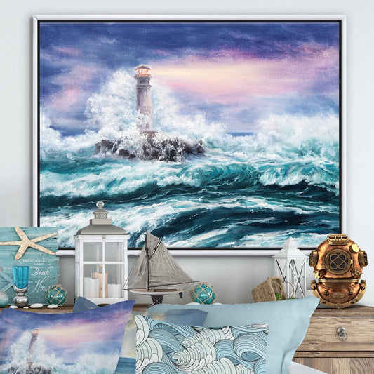 Designart &Lighthouse Wild Blue Ocean Waves& Nautical Coastal Framed Canvas Wall Art Print - 20 in. Wide x 12 in. High - W PWV8_E0GPQ04