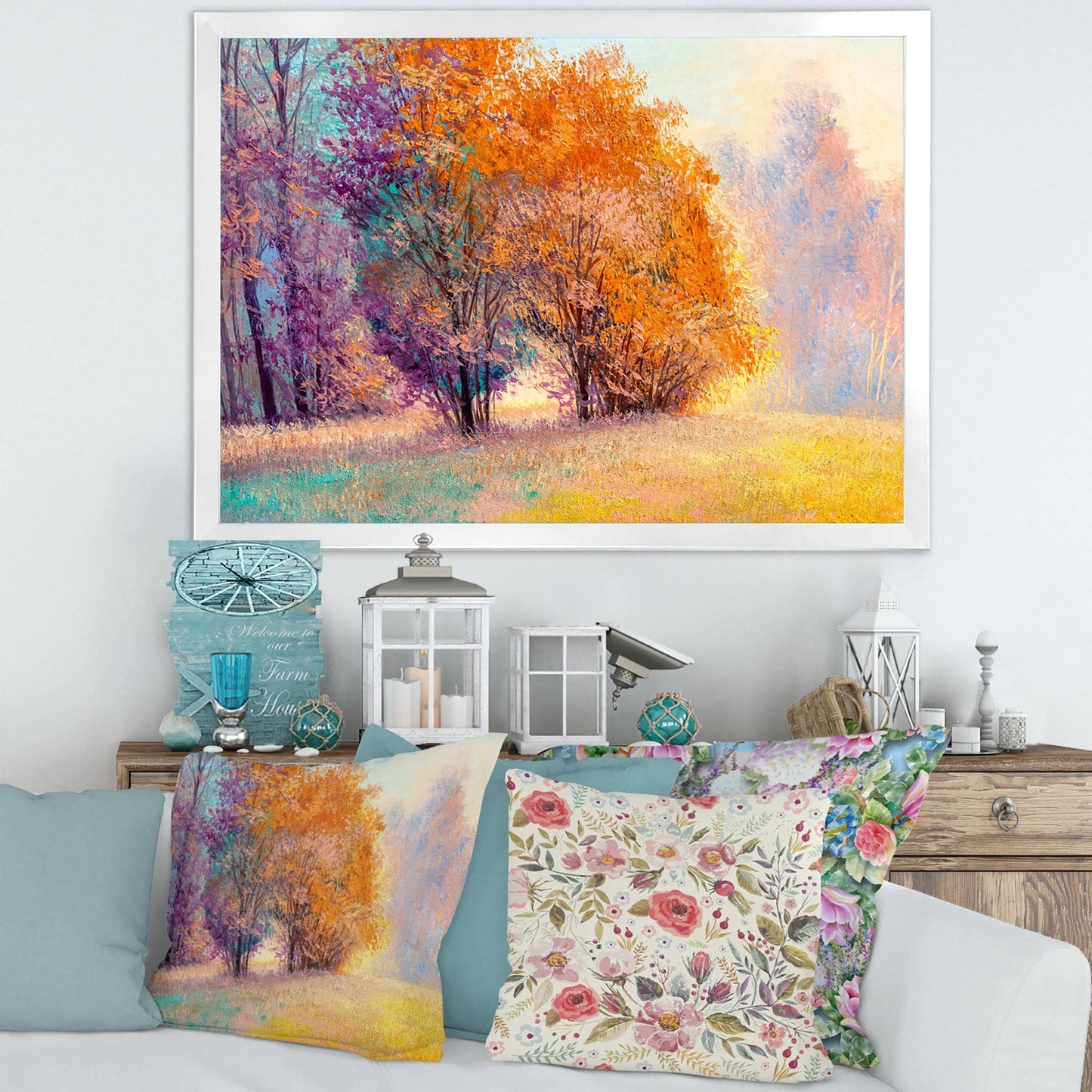 Designart Autumn Forest Orange Leaves Original Landscape Lake House Framed Art Print - 32 in. Wide x 16 in. High - White SUA1_K4GIQ89