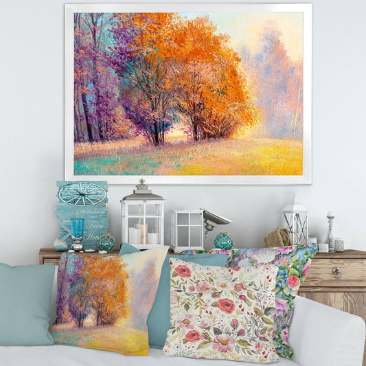 Designart Autumn Forest Orange Leaves Original Landscape Lake House Framed Art Print - 32 in. Wide x 16 in. High - White SUA1_K4GIQ89