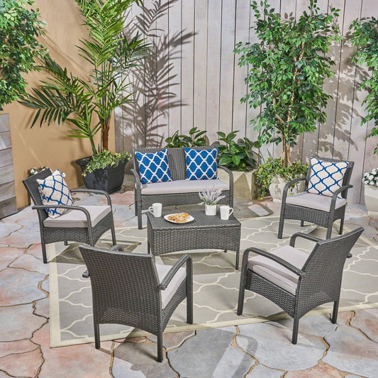 Christopher Knight Home Cordoba Outdoor 6-Seater Wicker Conversation Set with Tan Cushions by Gray + Silver +Light Grey Cushion JQJ3_I7YYR66