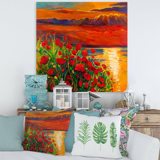 Designart &Red Poppies by The Ocean During Sunset& Nautical Coastal Canvas Wall Art Print - 36 in. Wide x 36 in. High DML0_N7XKO49