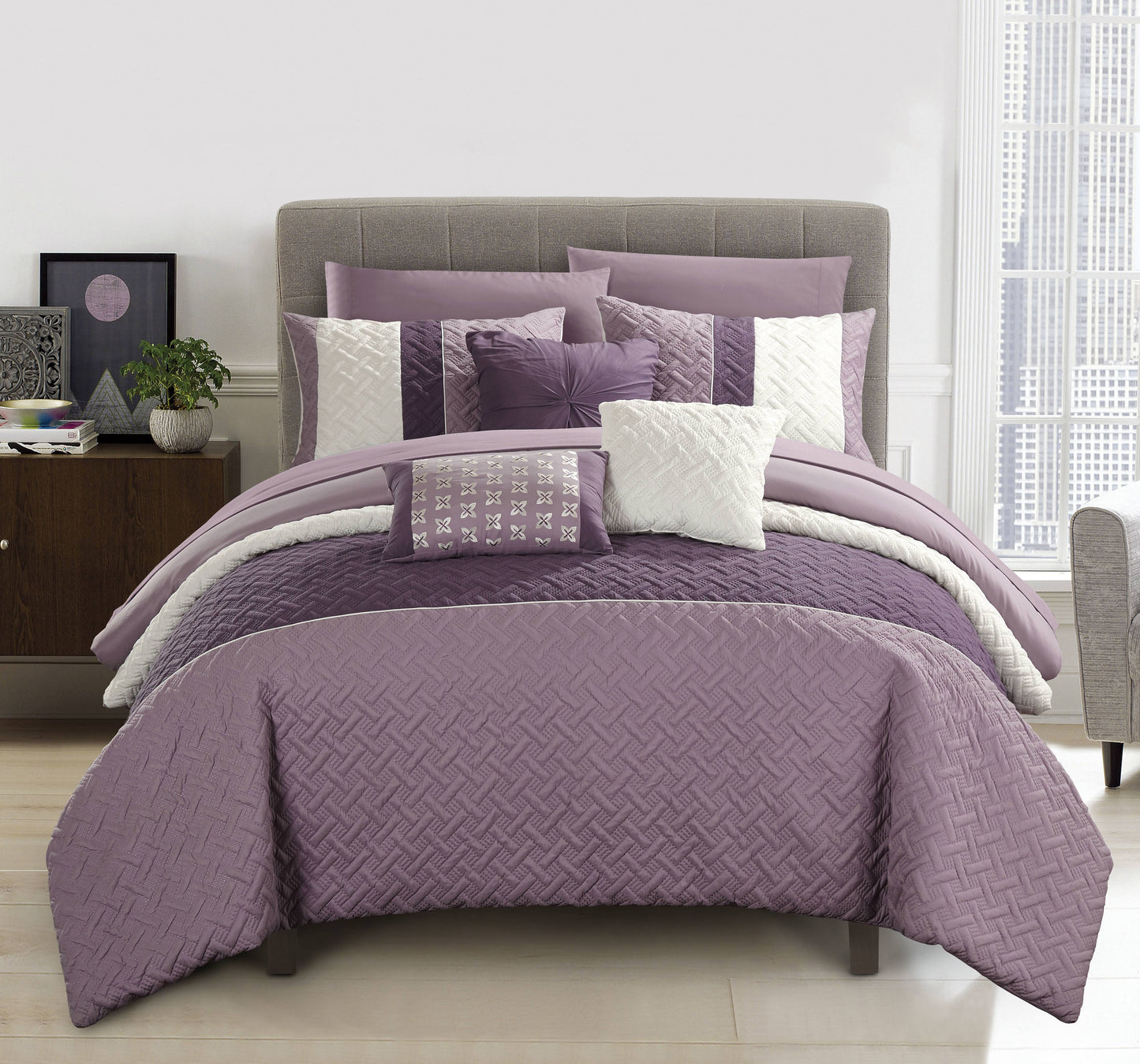 Chic Home Osnat 10 Piece Comforter Set Color Block Bed in A Bag Plum / King NZJ1_W5VOR28