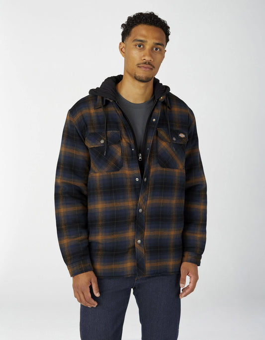 Dickies Mens Fleece Hooded Flannel Shirt Jacket with Hydroshield - Ink Navy Brown Ombre Plaid Size LT (TJ211) CSI8_N9IDP53