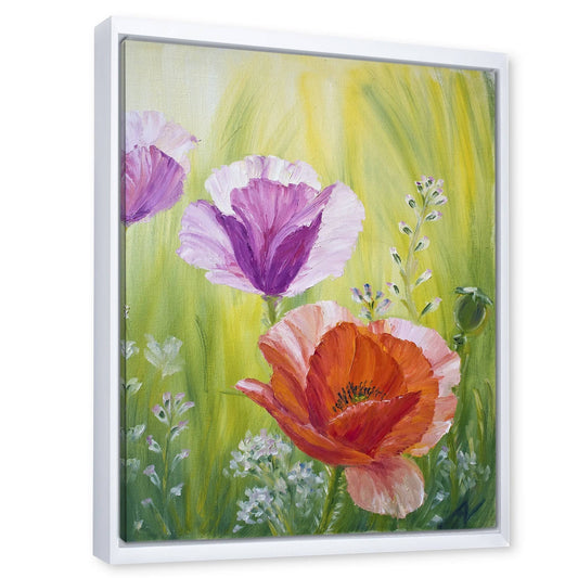 Designart &Poppies in The Morning& Traditional Framed Canvas Wall Art Print - 16 in. Wide x 32 in. High - White OJS3_F3EAQ85