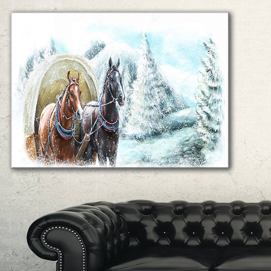 Design Art Painted Scene with Horses in Winter - Landscape Wall Art Canvas Print - Multi-Color, 40 in. Wide x 20 in. High CDU0_X8QGO08