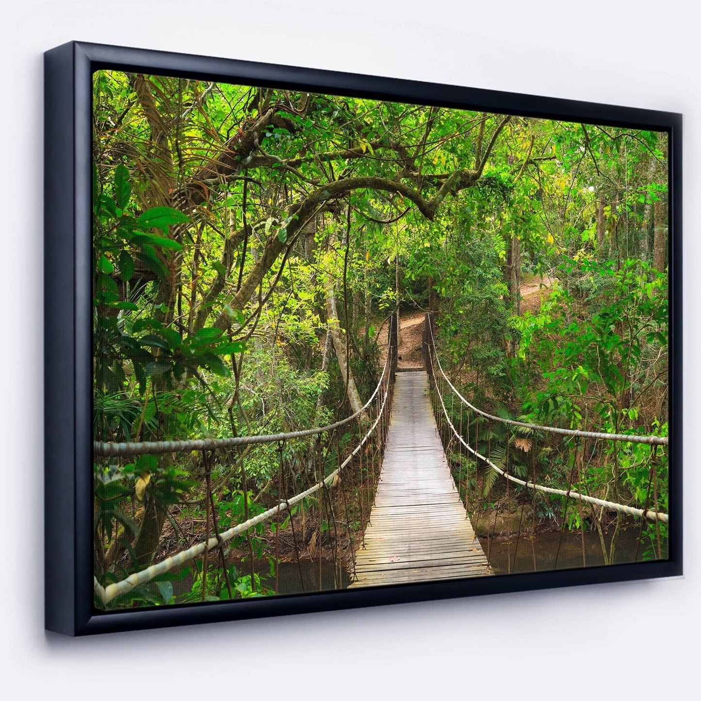 Designart &Bridge to Jungle Thailand& Landscape Photo Framed Canvas Art Print - 32 in. Wide x 16 in. High - Black UVX0_R9AMU45