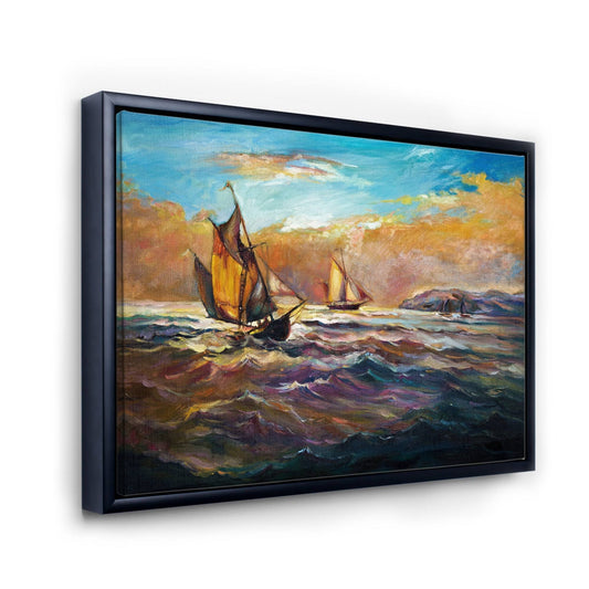 Designart &Boats on The Ocean During Evening Sunset II& Nautical Coastal Framed Canvas Wall Art Print - 32 in. Wide x 16 i KGT8_K7KID92