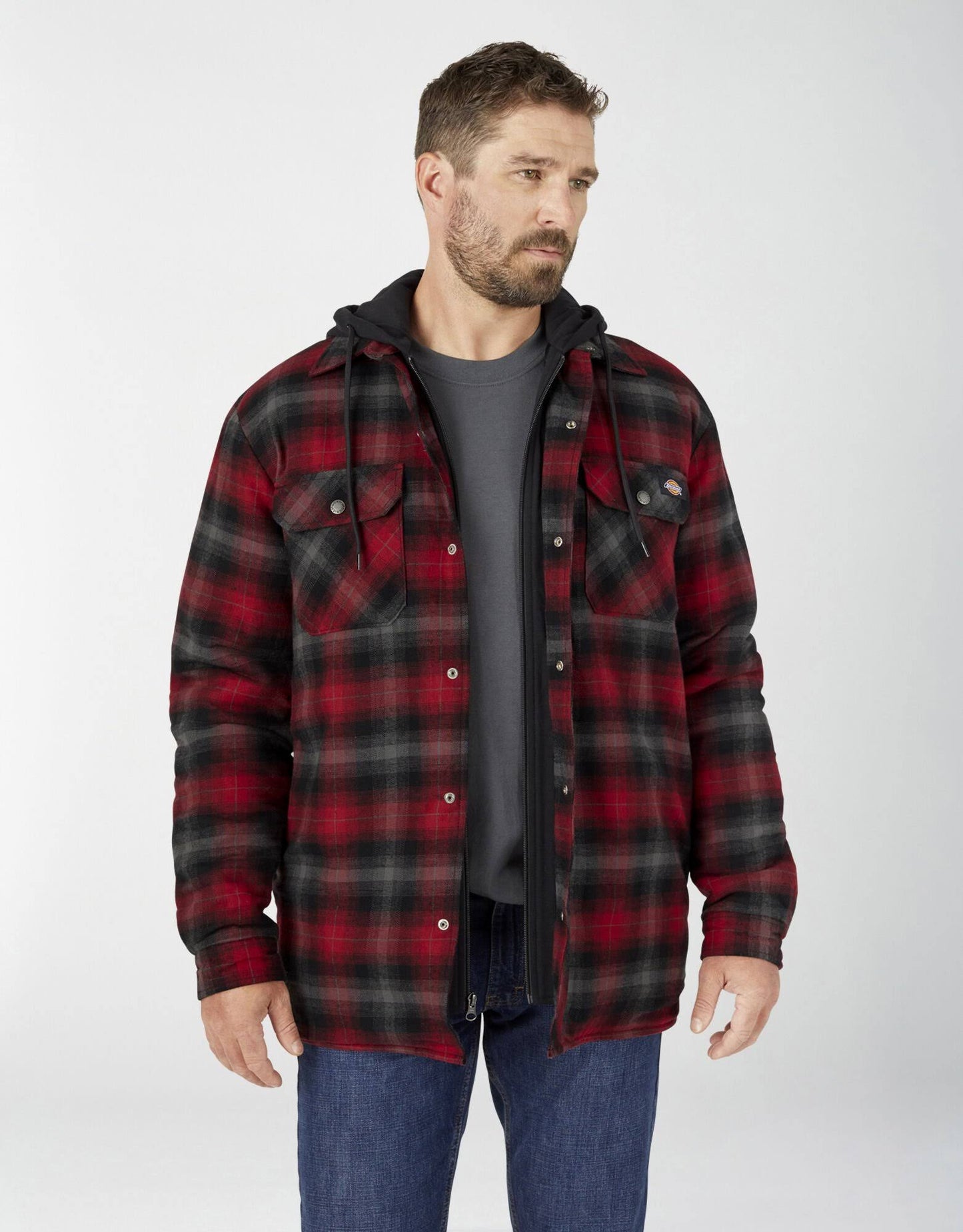 Dickies Hooded Flannel Shacket - Red Small, Mens DWR8_N7ETM57