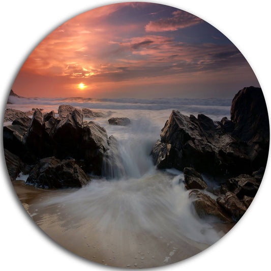 Design Art White Waves Rushing Between Rocks Photographic Print on Metal, Orange HPI9_C1XSL49