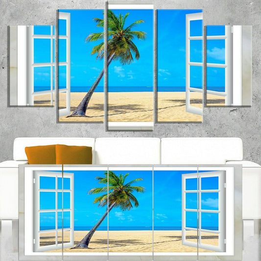 Design Art Open Window to Beach with Palm - Extra Large Seashore Canvas Art, 60 in. Wide x 28 in. High - 5 Equal Panels BJW4_R9CWG09