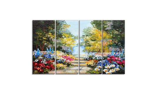 Design Art Summer Forest with Flowers Landscape 4 Piece Painting Print on Wrapped Canvas Set ZXZ7_G0ALH43