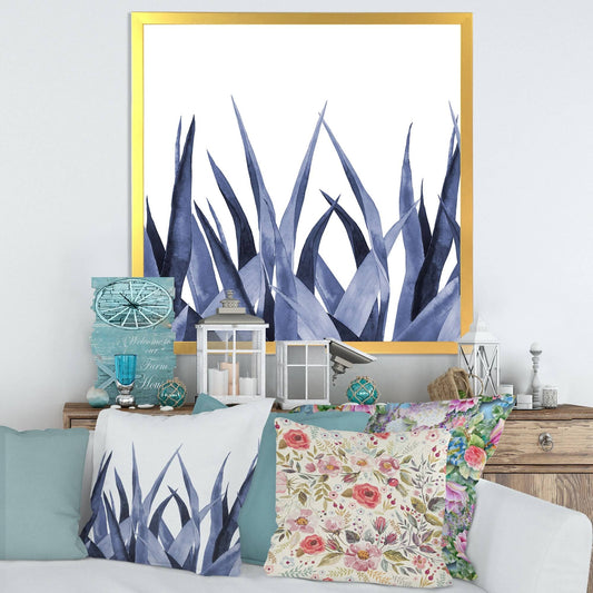 Designart &Navy Blue Agave Leaves& Traditional Framed Art Print - 16 in. Wide x 16 in. High - Gold LNH9_I6OYG00