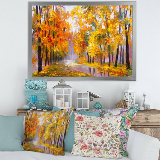 Designart &Forest Full of Fallen Leaves in Autumn& Lake House Framed Art Print - 20 in. Wide x 12 in. High - Silver CLT6_Y4AZT61