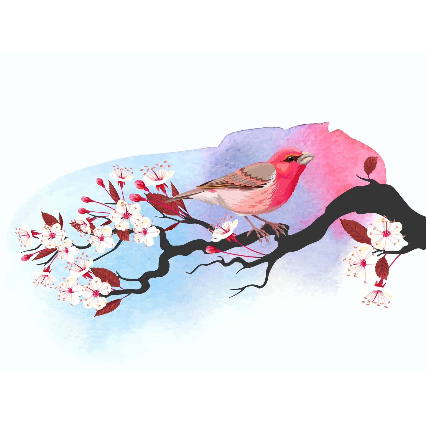 Designart Pink Bird on Cherry Branch Traditional Framed Canvas Wall Art Print - 40 in. Wide x 30 in. High - Gold SUK7_F8KGU35