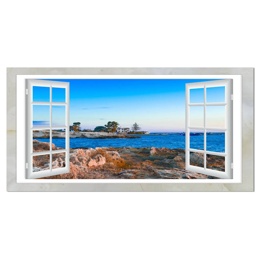 Design Art Open Window to Blue Seashore Graphic Art on Wrapped Canvas, White BPE5_R9UIL88