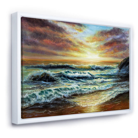 Designart &Magnificent Sunset Over Blue Wild Wave Ocean& Nautical Coastal Framed Canvas Wall Art Print - 44 in. Wide x 34  CKG7_L5NQH10