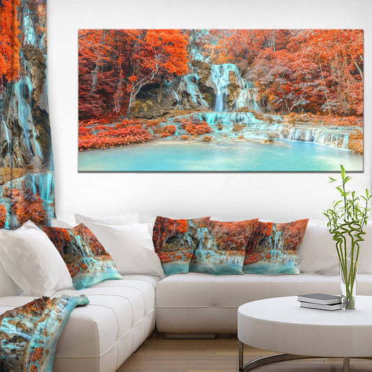 Designart &Rainforest Waterfall Loas& Landscape Photo Canvas Print - Orange - 60 in. Wide x 28 in. High - 1 Panel DXR1_S0ICA93