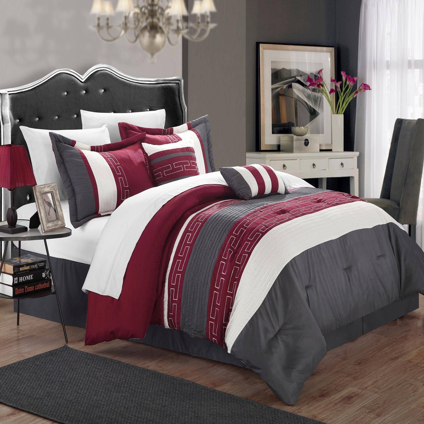 Chic Home Carlton Burgundy, Grey Off White 6 Piece Comforter Bed In A Bag Set, Queen SVY8_Q2BGO33