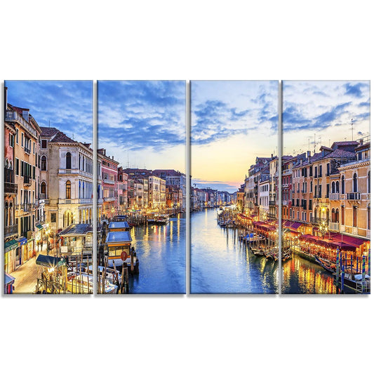 Designart - Grand Canal Panorama - 4 Panels Landscape Photo Canvas Print - Blue - 48 in. Wide x 28 in. High DZP4_I3FCZ04