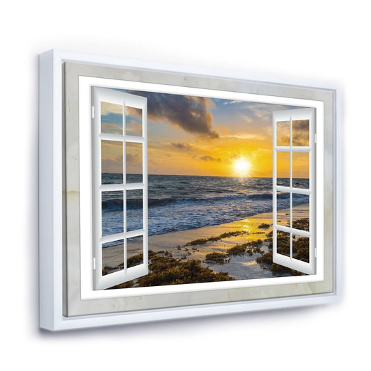 Designart Open Window to Bright Yellow Sunset- Modern Seascape Framed Canvas Artwork in White | FL11439-40-30-WH ECW0_Y1PPT87