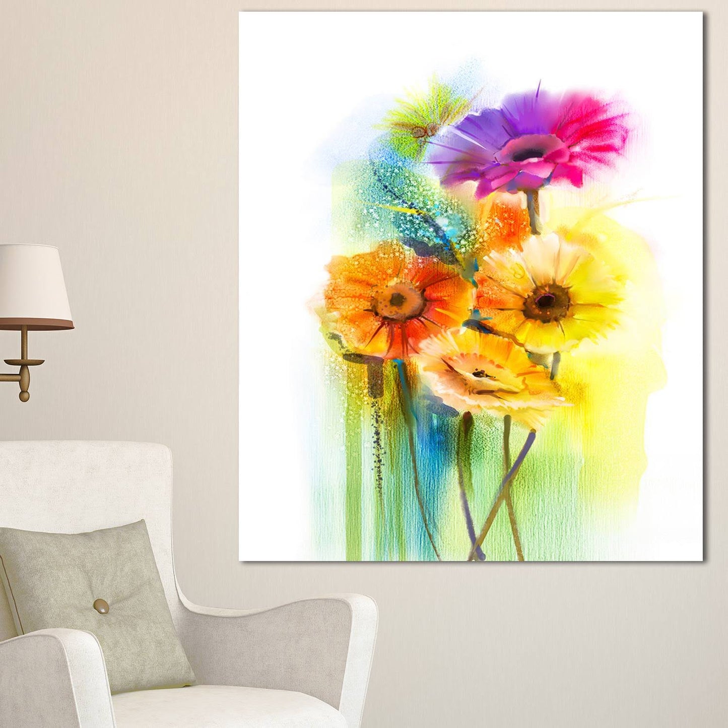 Designart &Yellow Orange Purple Gerbera Flowers& Modern Floral Wall Art Canvas - 28 in. Wide x 48 in. High - 4 Panels PVB4_R5KXF80