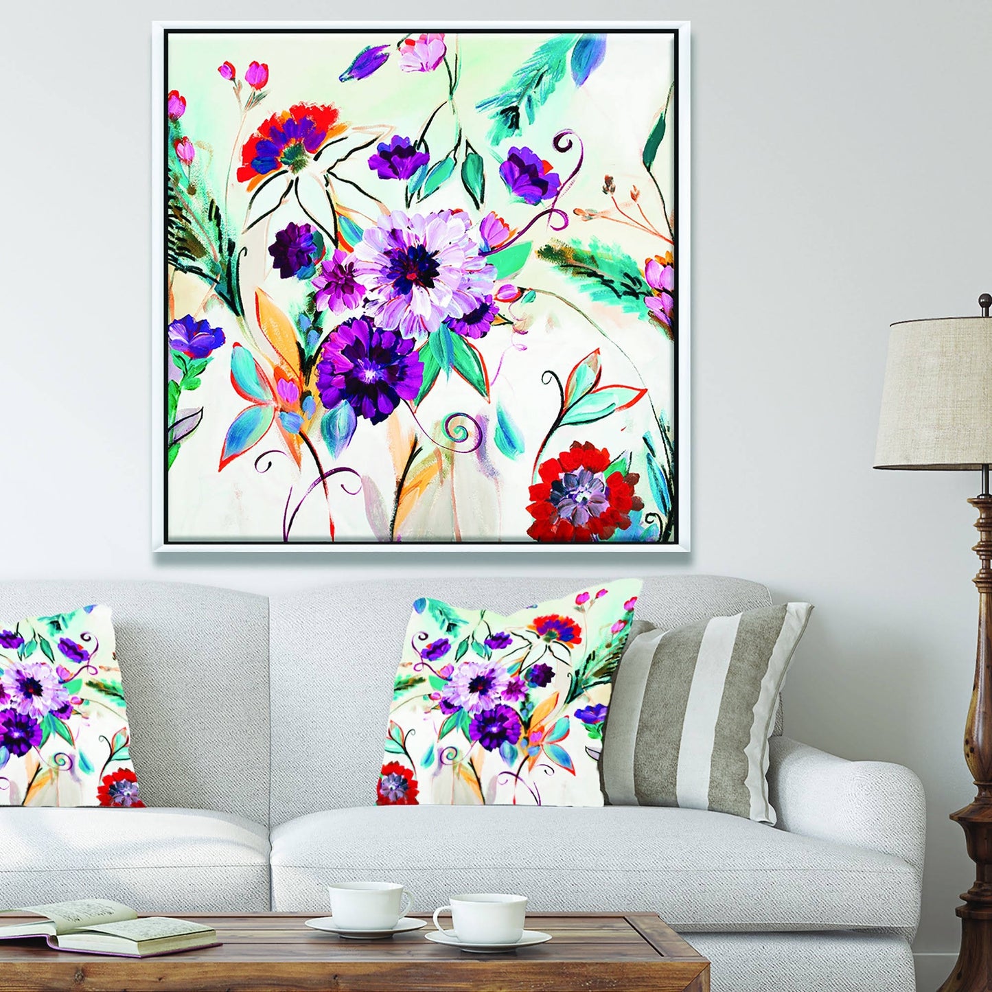 Designart Abstract Purple and Red Farmhouse Flowers Traditional Framed Canvas - Multi-Color - 30 in. Wide x 30 in. High - Gold IZN6_D8WJE38