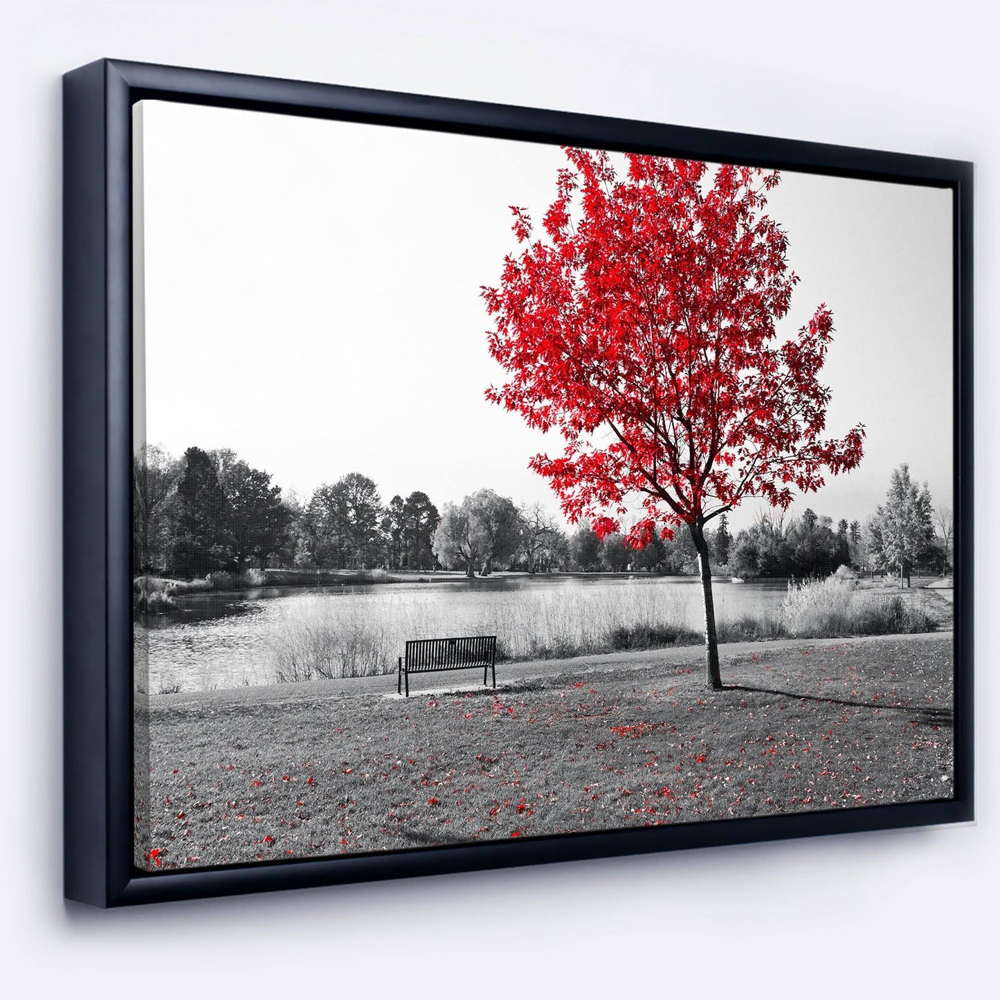 Designart &Red Tree Over Park Bench& Landscape Framed Canvas Art Print - 40 in. Wide x 30 in. High - Black TYS5_V8VXF37