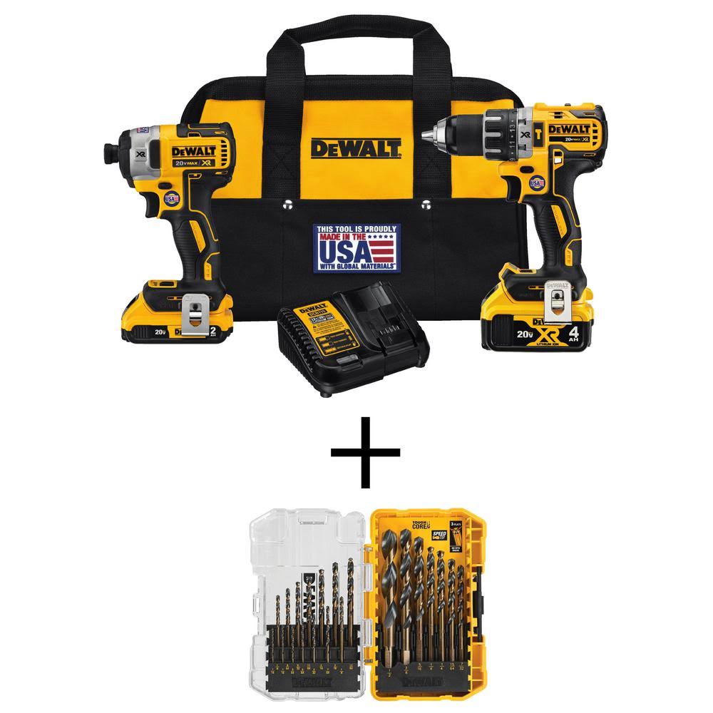 DeWalt 20-Volt Max XR Cordless Brushless Hammer Drill/Impact Combo Kit (2-Tool) with Black and Gold Drill Bit Set (21-Piece) LFR8_X1QTL15