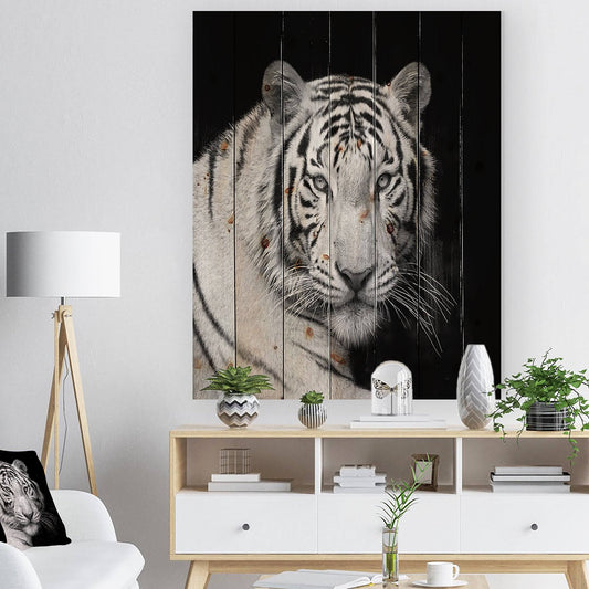 Designart Staring Bengal White Tiger Contemporary Animal Print on Natural Pine Wood - 30 in. Wide x 40 in. High LHC3_R1HUI07