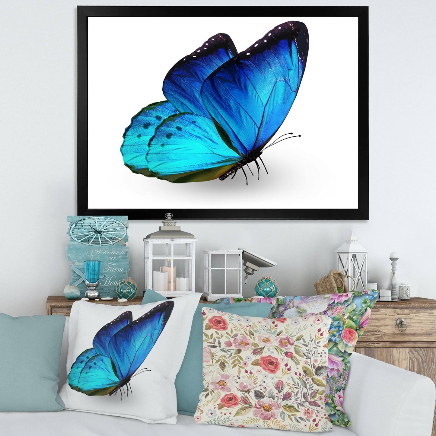 Designart Vibrant Blue Butterfly Modern Framed Art Print - 32 in. Wide x 16 in. High - Black HDD6_Y2HVI88