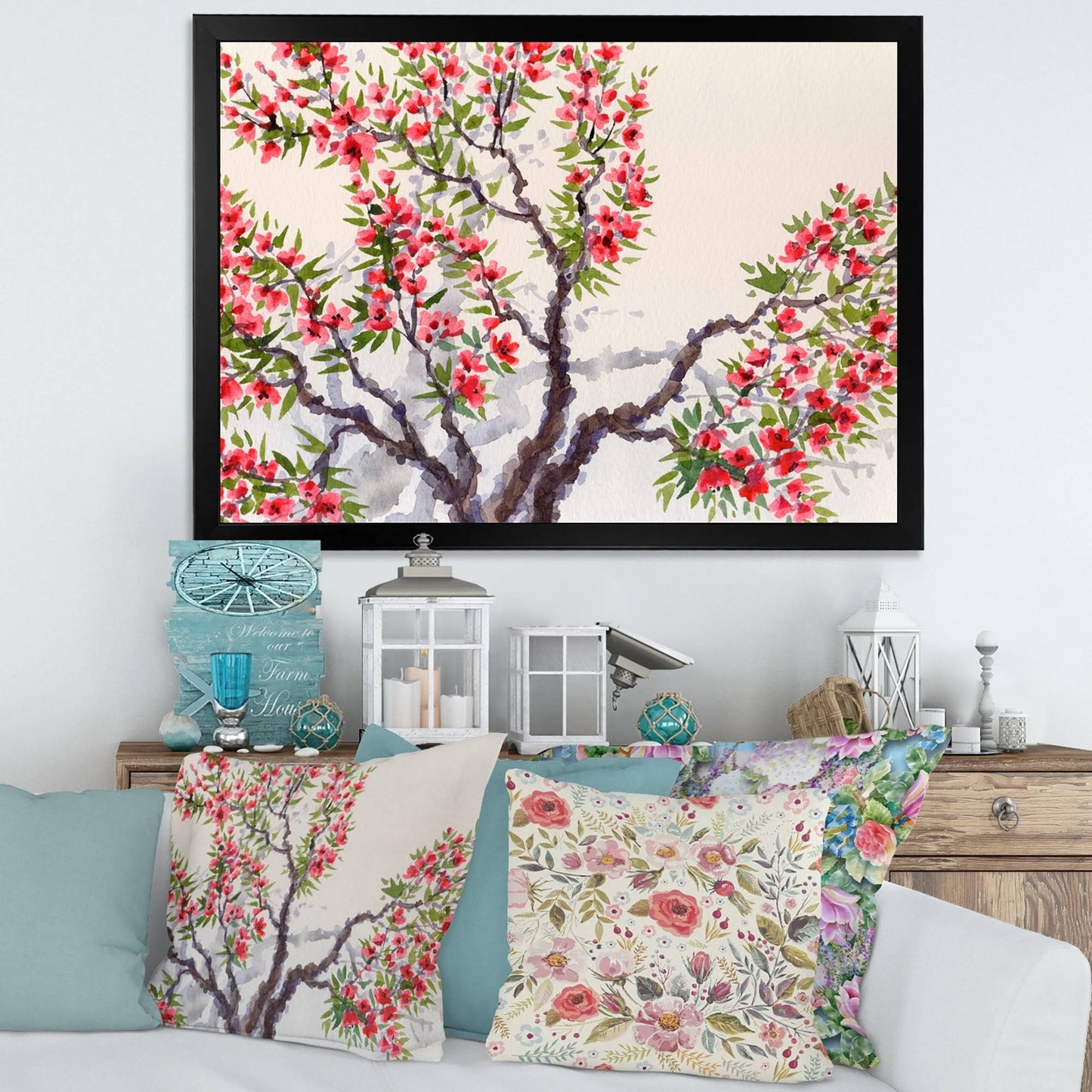 Designart Red Flowers on The Blossoming Tree II Traditional Framed Art Print - 32 in. Wide x 24 in. High - Black UYN5_F6UVI55