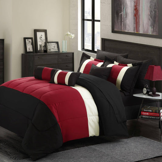 Chic Home Serenity Red Black 10-Piece Embroidery Comforter Bed In A Bag Set PBK2_J2SMS16