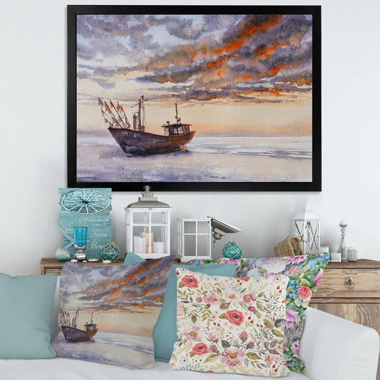 Designart &Wooden Fishing Boat on The Baltic Shore& Nautical Coastal Framed Art Print - 32 in. Wide x 24 in. High - Black WOQ4_H4PFY65