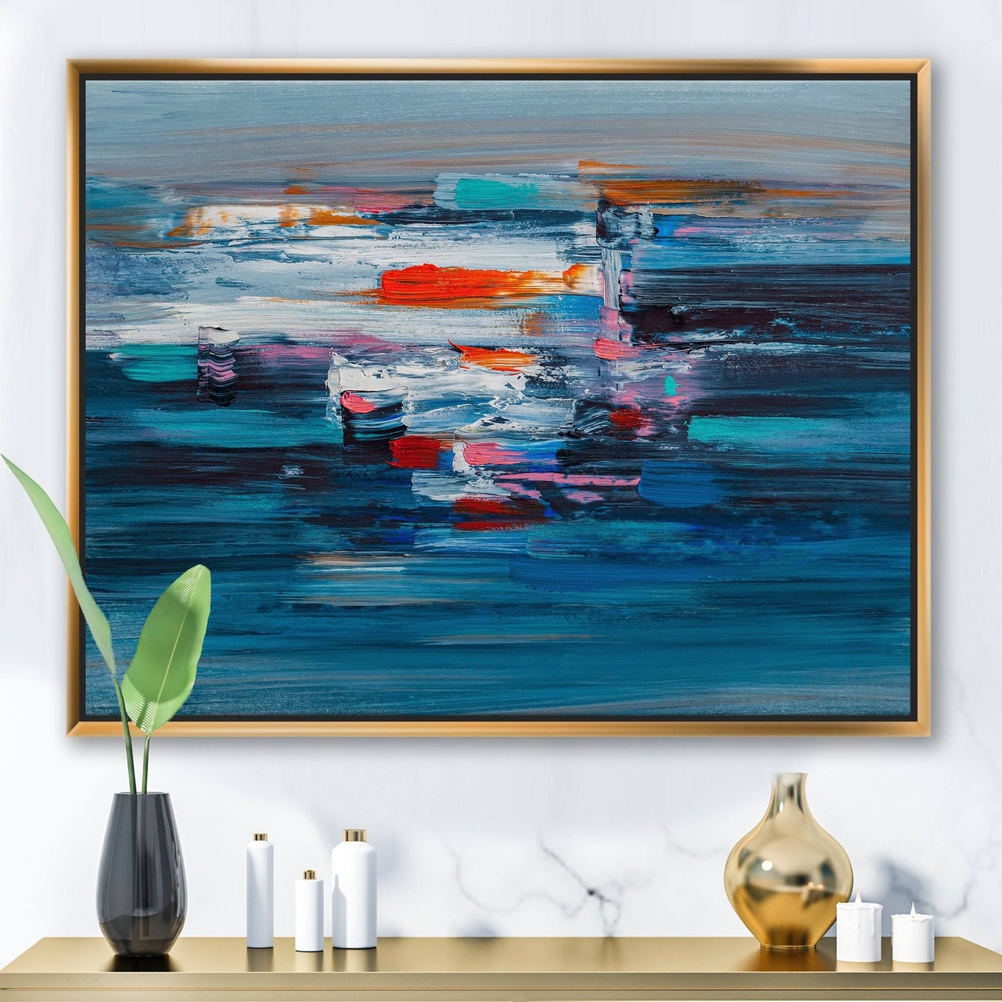 Designart &Waves of Red on A Dark Blue Ocean& Modern Framed Canvas Wall Art Print - 32 in. Wide x 24 in. High - Gold LFW9_C6YCN13