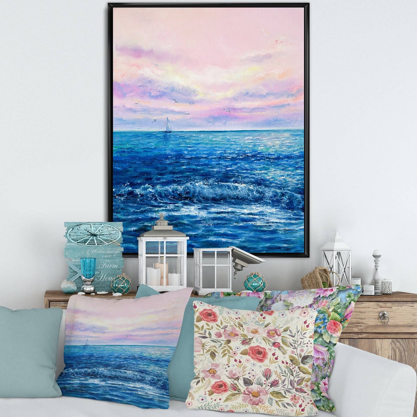 Designart &Morning Light on The Ocean Waves II& Nautical Coastal Framed Canvas Wall Art Print - 16 in. Wide x 32 in. High  FOI9_H0ATR77