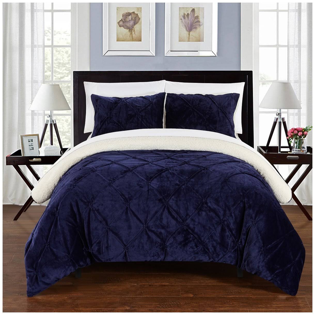 Chic Home CS5107-US Enzo Pinch Pleated Ruffled Pin Tuck Sherpa Lined X-Long Bed in A Bag Comforter Set - Navy - Twin - 2 P COA7_A9NJI18