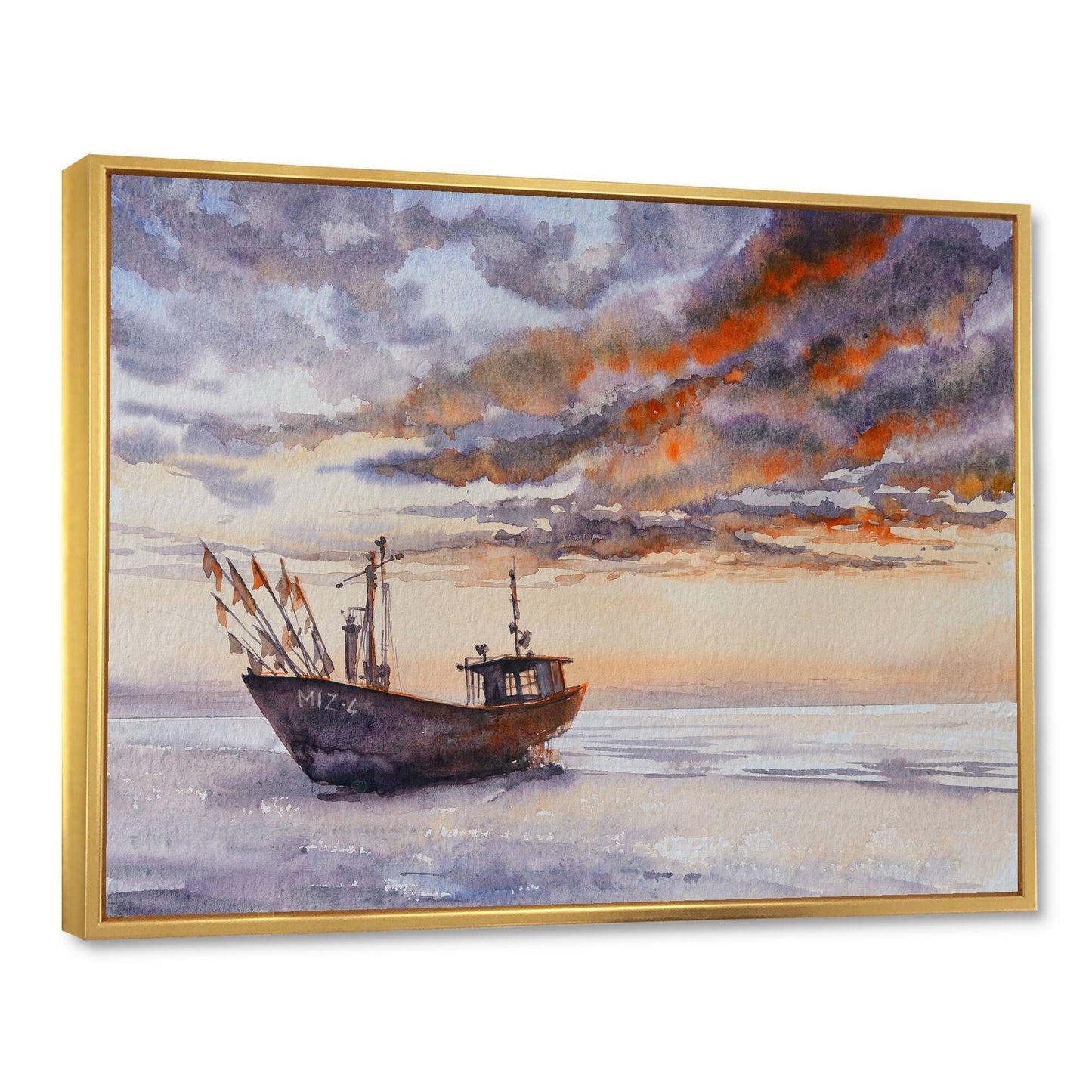 Designart &Wooden Fishing Boat on The Baltic Shore& Nautical Coastal Framed Canvas Wall Art Print - 40 in. Wide x 30 in. H KPB6_R4CWF69