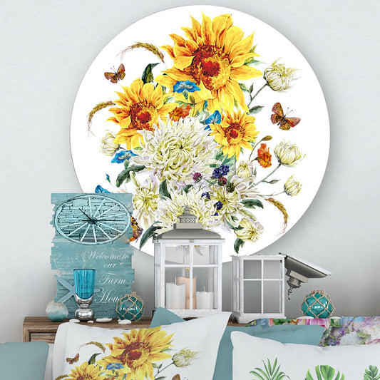 Designart Vintage Chrysanthemums and Sunflowers Traditional Metal Circle Wall Art - 23x23 - Disc of 23 inch CXF7_H8MPH06