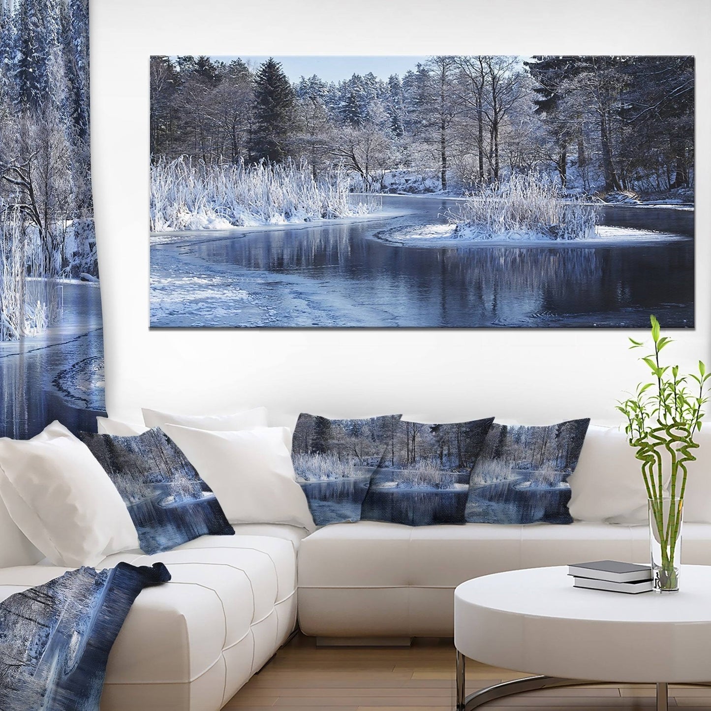 Designart Winter Lake in Deep Forest Landscape Artwork Canvas Print - Green - 60 in. Wide x 28 in. High - 1 Panel DBY1_B6ZQR80