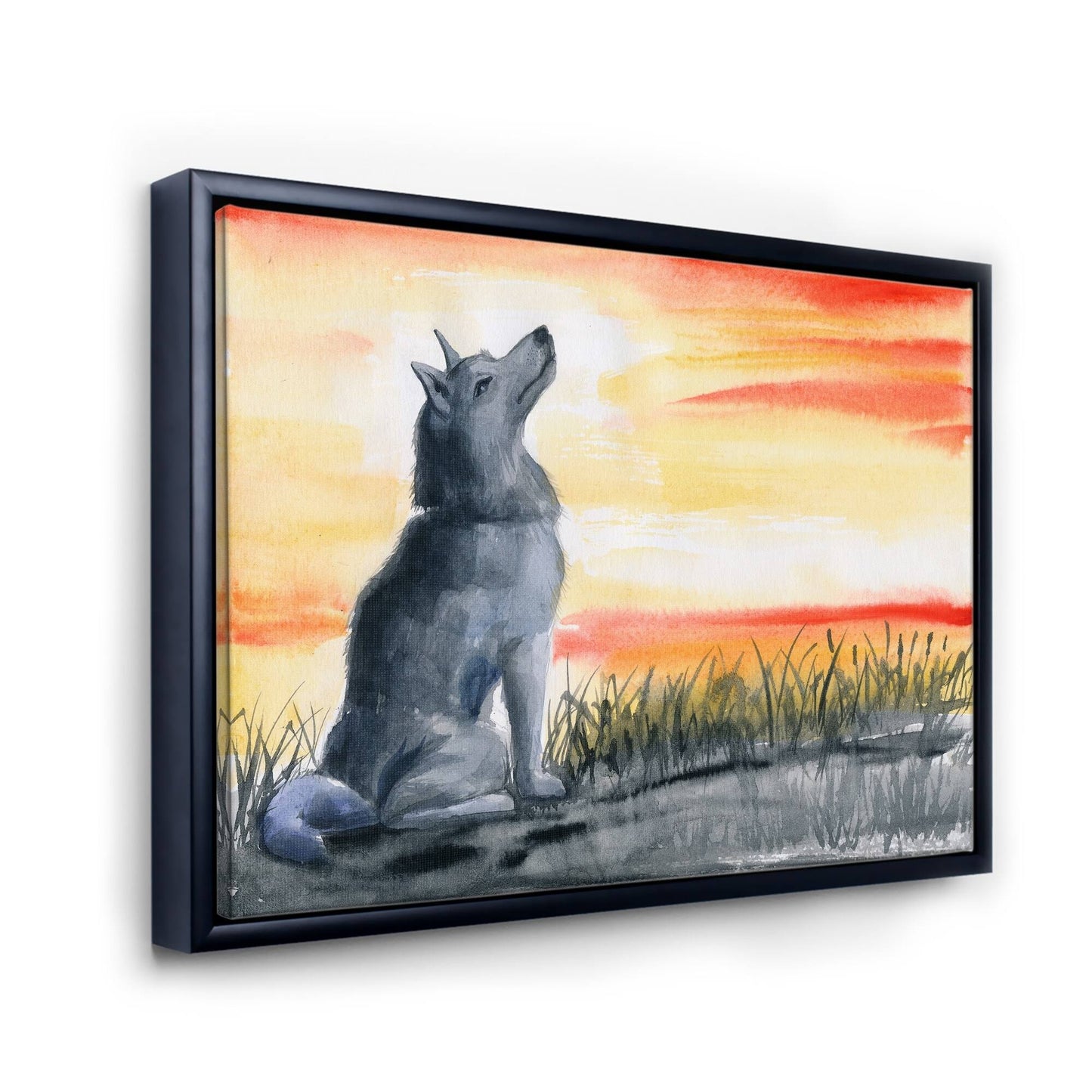 Designart Grey Wolf Howling at The Moon Traditional Framed Canvas Wall Art Print - 40 in. Wide x 30 in. High - Black CNF8_A6TXG15