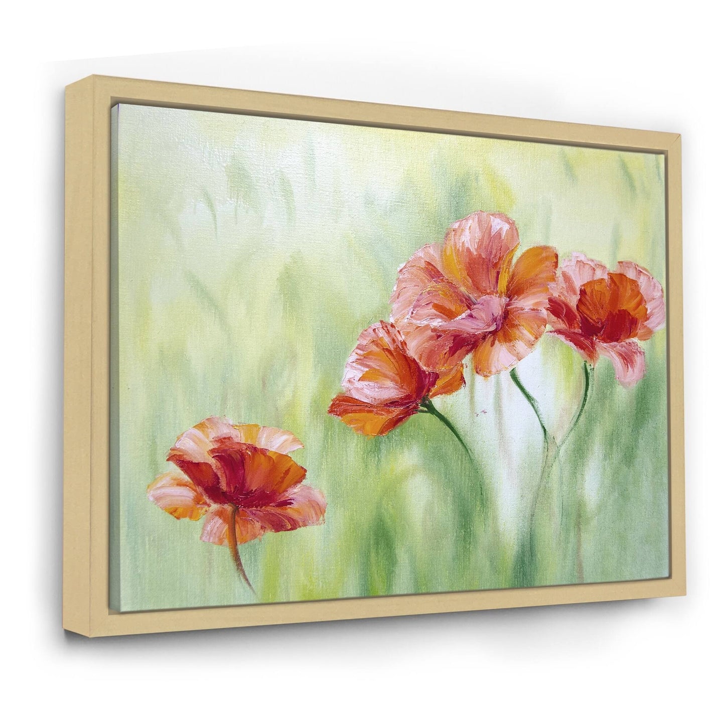 Designart &Red Blossoming Poppies I& Traditional Framed Canvas Wall Art Print - 32 in. Wide x 16 in. High - Maple SUU3_G3TEV98