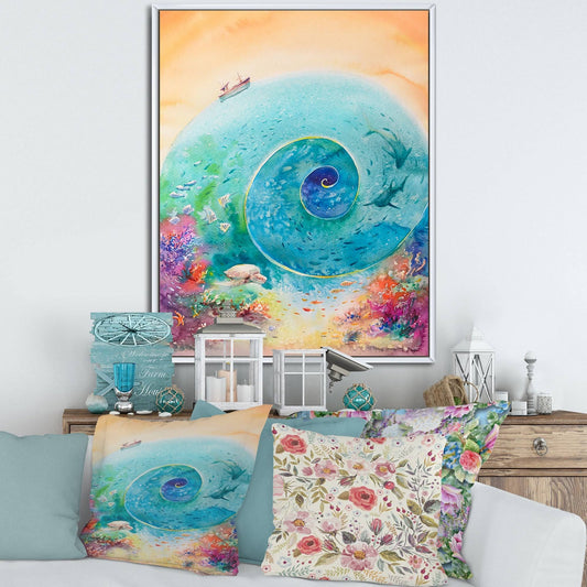 Designart &Turquoise Ocean Spiral with Coral Reef Fishes& Nautical Coastal Framed Canvas Wall Art Print - 12 in. Wide x 20 FIS9_A9STT71