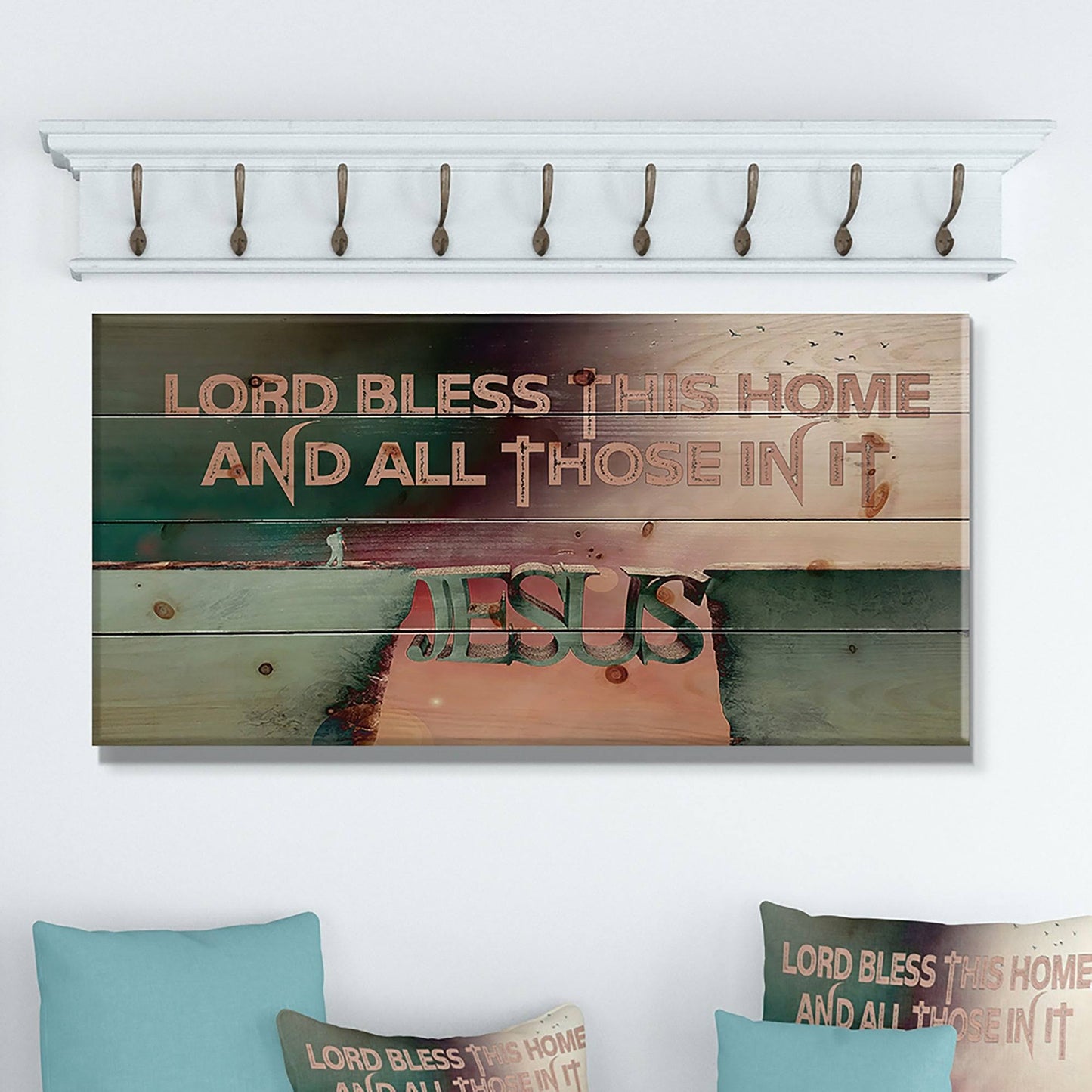 Designart Lord Bless This House and All Those in It. Vintage Jesus Textual Entrance Art on Wood Wall Art - Green - 40 in. Wide LTW9_F8FBA12