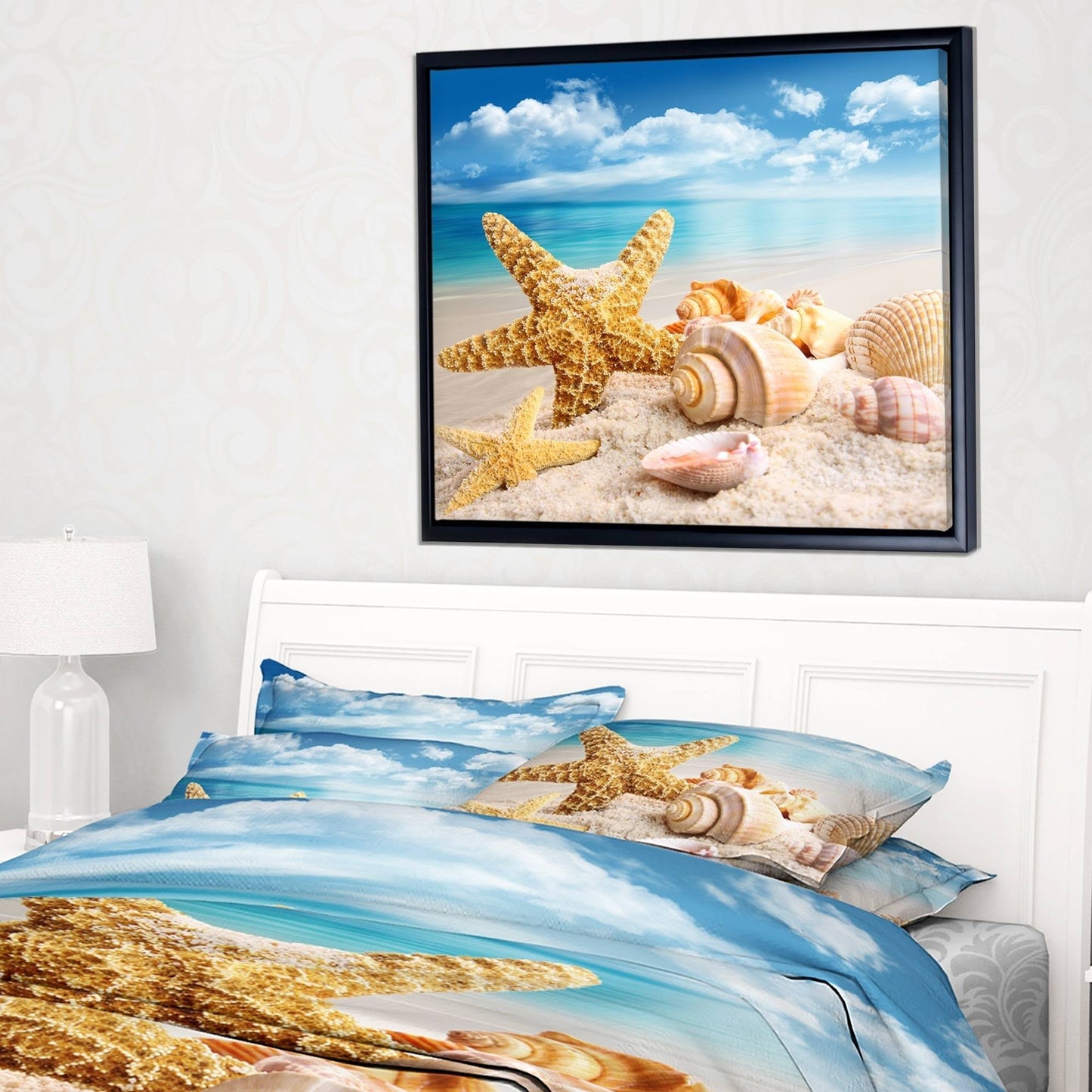 Designart Starfish and Seashells on Beach Seashore Photo Framed Canvas Art Print - 40 in. Wide x 30 in. High ENB1_U2IYD78