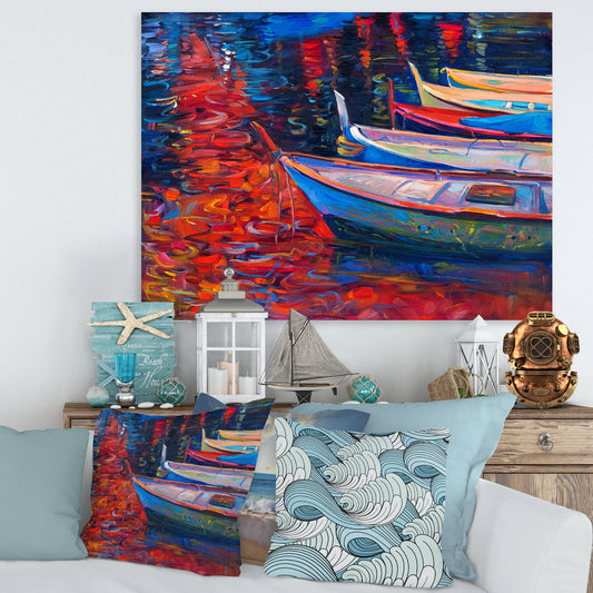 Designart &Boats Resting on The Water During Warm Sunset IX& Nautical Coastal Canvas Wall Art Print - 32 in. Wide x 16 in. XOF4_N5BEX52