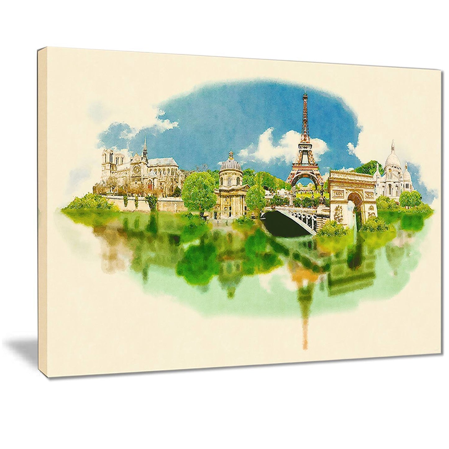 Designart Paris Panoramic View Cityscape Watercolor Canvas Print - Beige - 40 in. Wide x 30 in. High - 1 Panel SBJ3_E6ZUY02