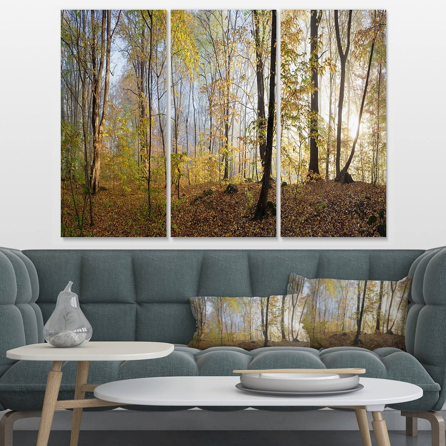 Designart Green Autumn Forest in Morning - 3 Piece Photographic Print on Wrapped Canvas Set VNF3_S5BHV57