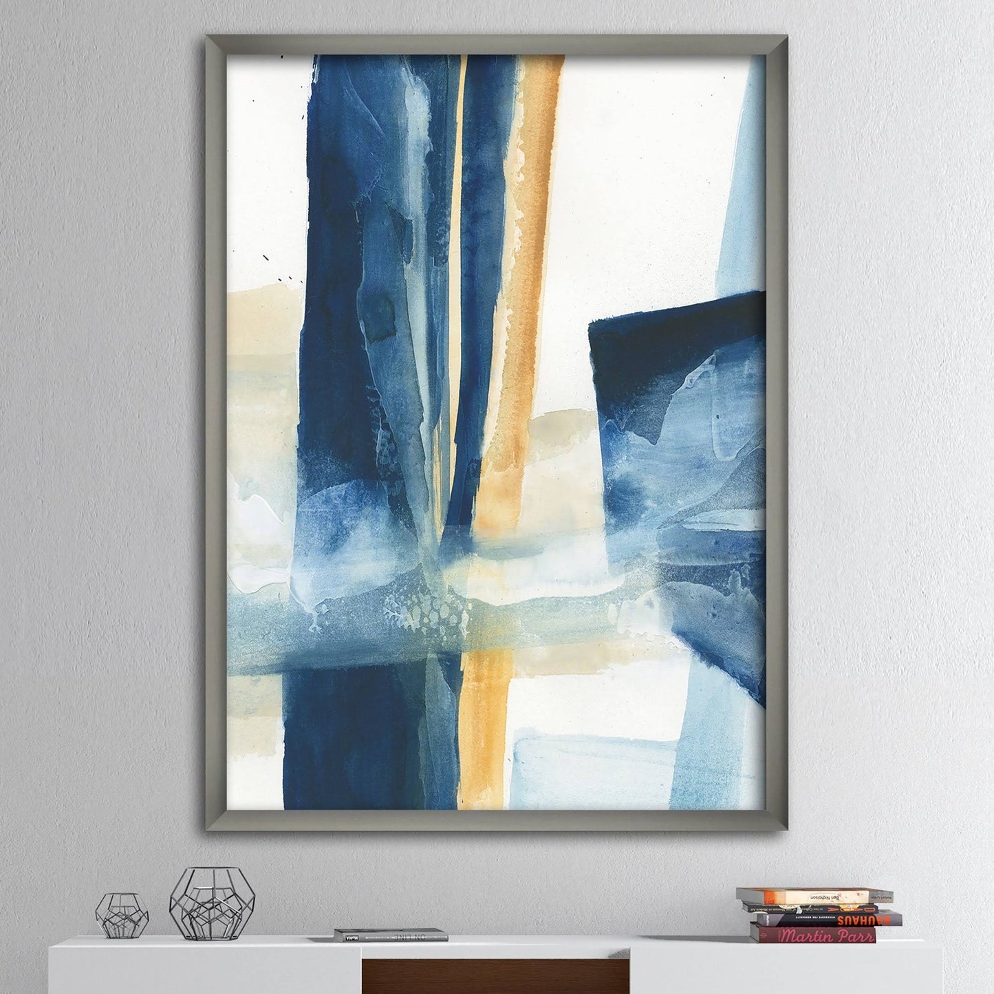 Designart &Indigo Panel IV& Glam Modern Framed Art Print - 12 in. Wide x 20 in. High - Silver TXL9_A5GOJ03